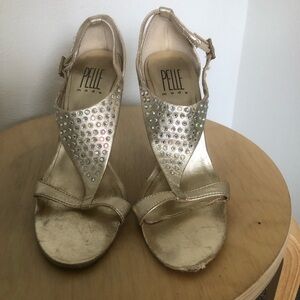Pelle Moda Metallic Gold Crystal T-Strap Heels